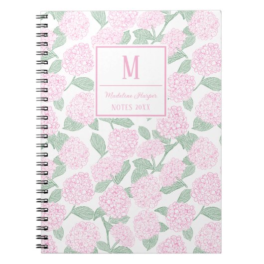 Preppy Pink und Green Hydrangeas Monogram Notizblock (Vorderseite)