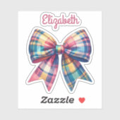 Preppy Pink und Green Kariert Bow und Name Aufkleber (Blatt)