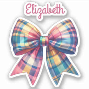 Preppy Pink und Green Kariert Bow und Name Aufkleber