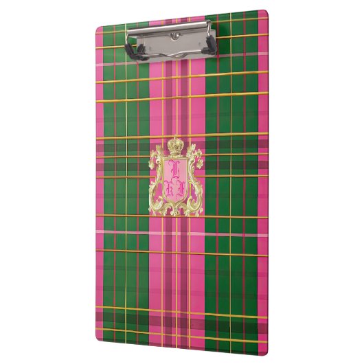 Preppy Pink und Green Kariert Mit Monogramm Klemmbrett (Links)