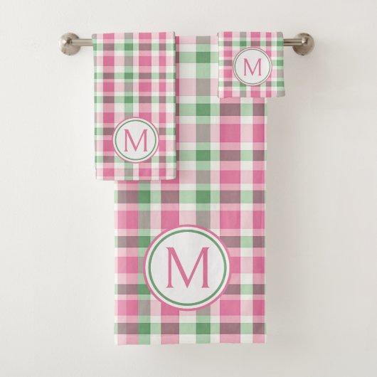 Preppy Pink und Green Kariert Monogram Badhandtuch Set (Insitu)