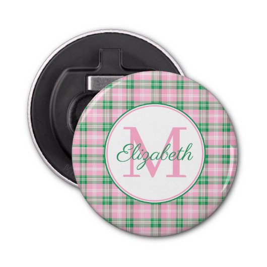 Preppy Pink und Green Kariert Monogram Flaschenöffner (Vorderseite)