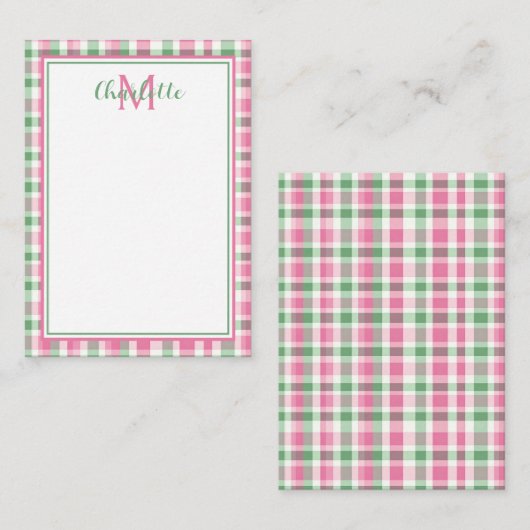 Preppy Pink und Green Kariert Monogram Mitteilungskarte (Vorne/Hinten)