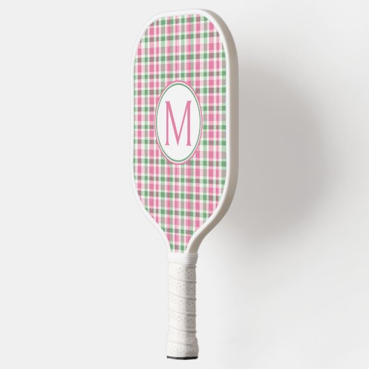 Preppy Pink und Green Kariert Monogram Pickleball Schläger (Links)