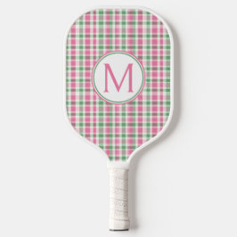 Preppy Pink und Green Kariert Monogram Pickleball Schläger