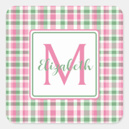 Preppy Pink und Green Kariert Monogram Quadratischer Aufkleber