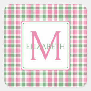Preppy Pink und Green Kariert Monogram Quadratischer Aufkleber