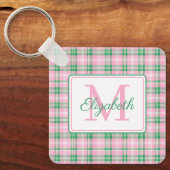 Preppy Pink und Green Kariert Monogram Schlüsselanhänger (Vorderseite)