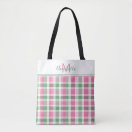 Preppy Pink und Green Kariert Monogram Tasche