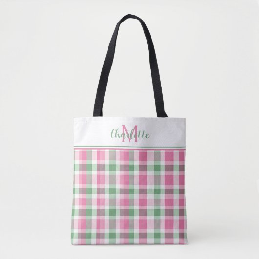 Preppy Pink und Green Kariert Monogram Tasche (Vorderseite)