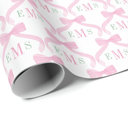 Preppy Pink und Green Monogram Bows Baby Girl Geschenkpapier (Rolleneckpunkt)