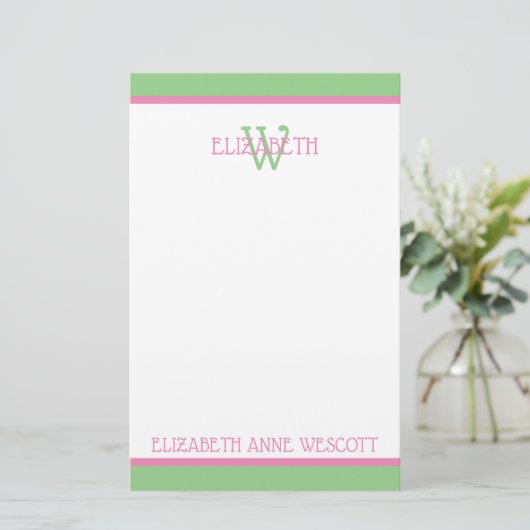 Preppy Pink und Green Monogram Briefpapier (Stehend Vorderseite)