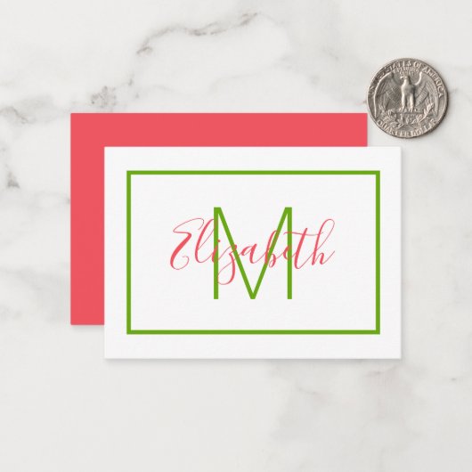Preppy Pink und Green Monogram Mitteilungskarte (Vorderseite/Rückseite Beispiel)