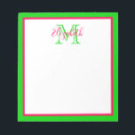 Preppy Pink und Green Monogram Notizblock<br><div class="desc">Dieses präparierte Notizblock verfügt über einen Rahmen von hellrosa und grün mit einem passenden Monogramm,  das Sie mit Ihrem Namen und Ihrer Initialauswahl personalisieren können.</div>