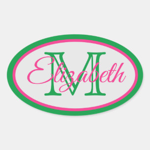 Preppy Pink und Green Monogram Ovaler Aufkleber