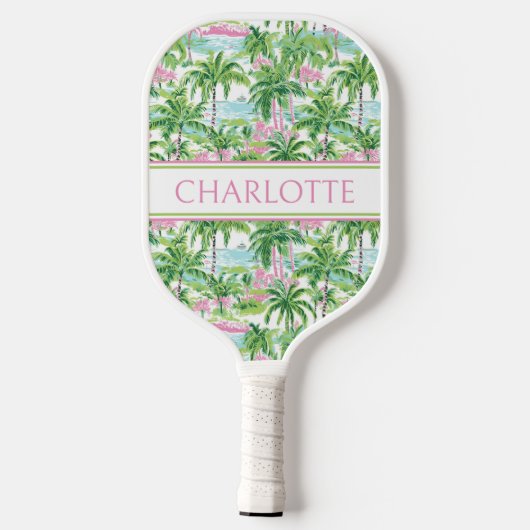 Preppy Pink und Green Palm Trees Monogram Pickleball Schläger (Rückseite)