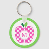 Preppy Pink und Green Polka Dot Apple Monogramm Schlüsselanhänger (Vorderseite)