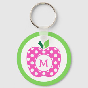Preppy Pink und Green Polka Dot Apple Monogramm Schlüsselanhänger