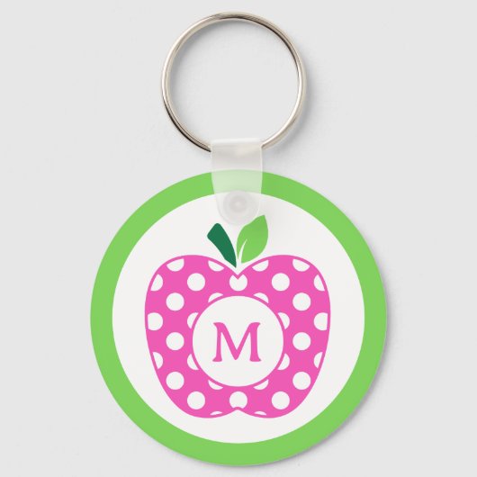 Preppy Pink und Green Polka Dot Apple Monogramm Schlüsselanhänger (Vorderseite)
