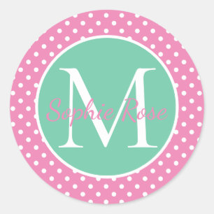 Preppy Pink und Green Polka Dot Monogram Runder Aufkleber