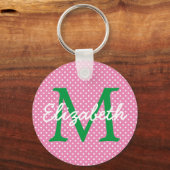 Preppy Pink und Green Polka Dot Monogram Schlüsselanhänger (Vorderseite)