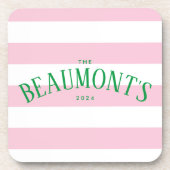 Preppy Pink und Green Stripe Verlobung Getränkeuntersetzer (Vorderseite)