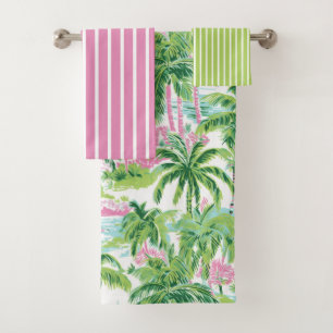 Preppy Pink und Green Tropical Palm Tree Badhandtuch Set