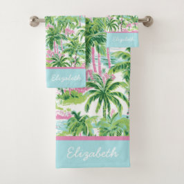 Preppy Pink und Green Tropical Palm Tree Badhandtuch Set