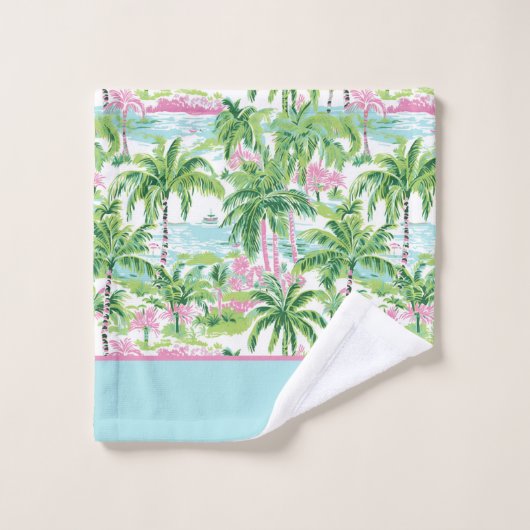 Preppy Pink und Green Tropical Palm Tree Badhandtuch Set (Waschlappen)