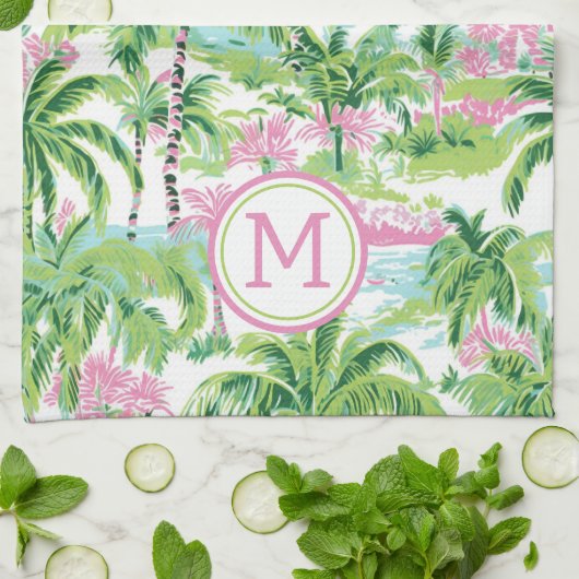 Preppy Pink und Green Tropical Palm Tree Monogram Geschirrtuch (Gefaltet)