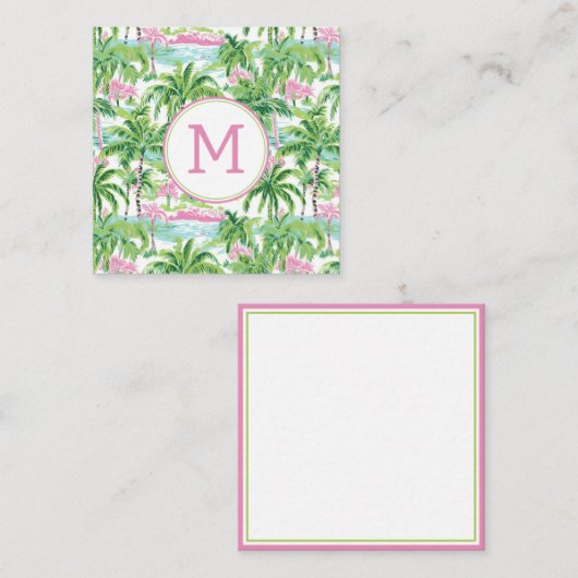 Preppy Pink und Green Tropical Palm Tree Monogram Mitteilungskarte (Vorne/Hinten)