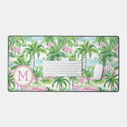 Preppy Pink und Green Tropical Palm Tree Monogram Schreibtischunterlage (Tastatur & Maus)