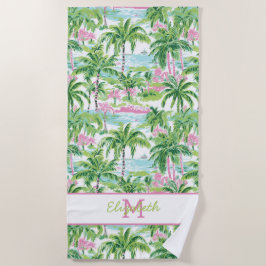 Preppy Pink und Green Tropical Palm Tree Monogram Strandtuch