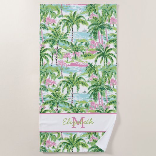 Preppy Pink und Green Tropical Palm Tree Monogram Strandtuch (Vorderseite)