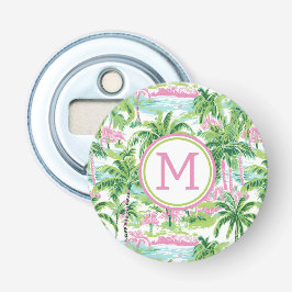 Preppy Pink und Green Tropical Palm Trees Monogram Flaschenöffner