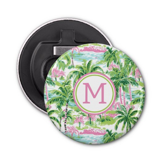 Preppy Pink und Green Tropical Palm Trees Monogram Flaschenöffner (Vorderseite)