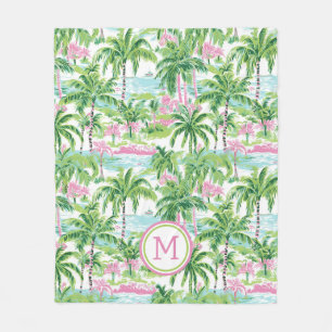 Preppy Pink und Green Tropical Palm Trees Monogram Fleecedecke