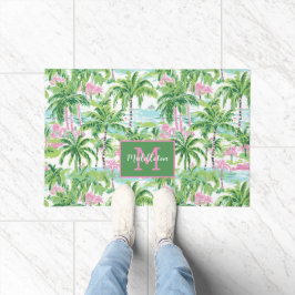 Preppy Pink und Green Tropical Palm Trees Monogram Fußmatte