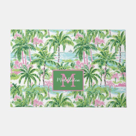 Preppy Pink und Green Tropical Palm Trees Monogram Fußmatte (Vorderseite)