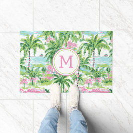 Preppy Pink und Green Tropical Palm Trees Monogram Fußmatte