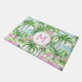 Preppy Pink und Green Tropical Palm Trees Monogram Fußmatte (Schrägansicht)