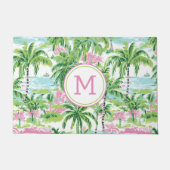 Preppy Pink und Green Tropical Palm Trees Monogram Fußmatte (Vorderseite)