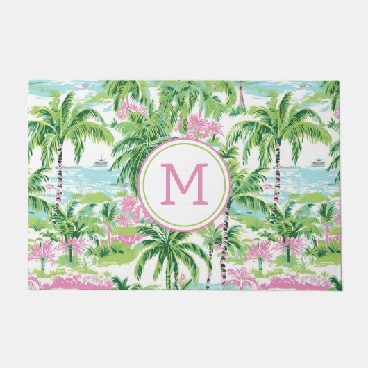 Preppy Pink und Green Tropical Palm Trees Monogram Fußmatte (Vorderseite)
