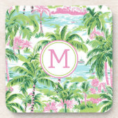 Preppy Pink und Green Tropical Palm Trees Monogram Getränkeuntersetzer (Vorderseite)