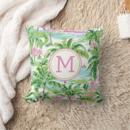 Preppy Pink und Green Tropical Palm Trees Monogram Kissen