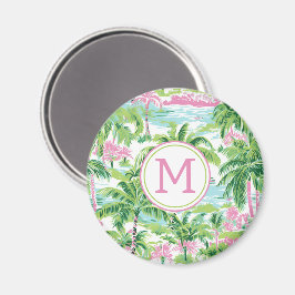 Preppy Pink und Green Tropical Palm Trees Monogram Magnet