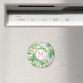 Preppy Pink und Green Tropical Palm Trees Monogram Magnet (In Situ (Geschirrspüler))
