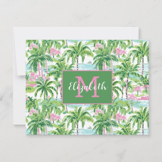 Preppy Pink und Green Tropical Palm Trees Monogram Mitteilungskarte (Vorderseite)
