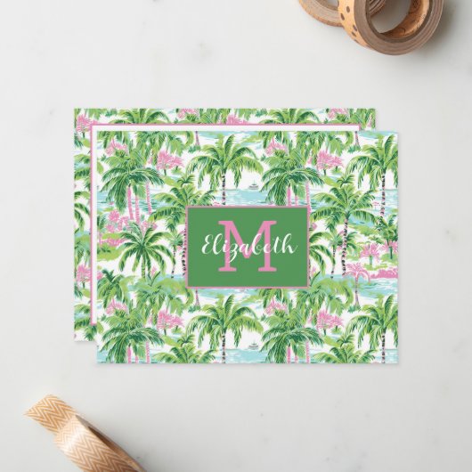 Preppy Pink und Green Tropical Palm Trees Monogram Mitteilungskarte (Vorderseite/Rückseite Beispiel)