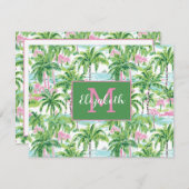 Preppy Pink und Green Tropical Palm Trees Monogram Mitteilungskarte (Vorne/Hinten)
